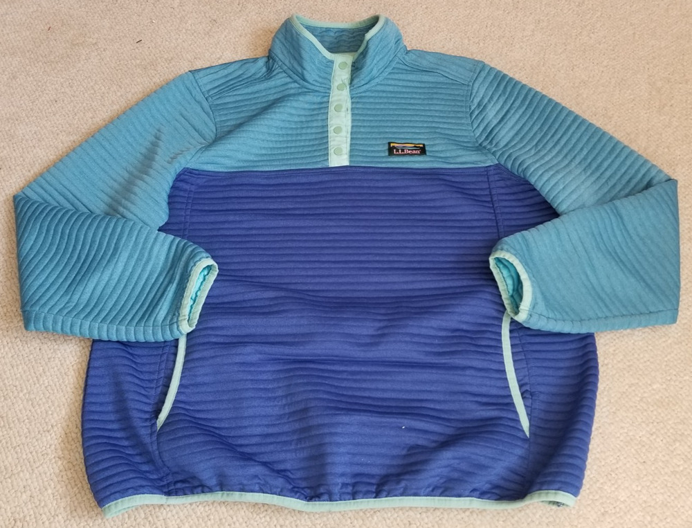 Womens Top-L.L. BEAN-blue colorblock knit 'Airlight Pullover' outdoor-PL